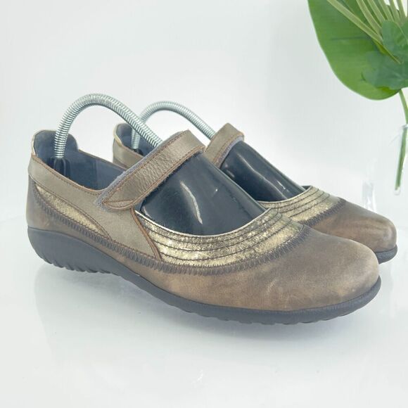 Naot Women Kirei Mary Jane Shoe Size 41 10 Flat Brown Gold Metallic Cork Insole - Picture 2 of 13